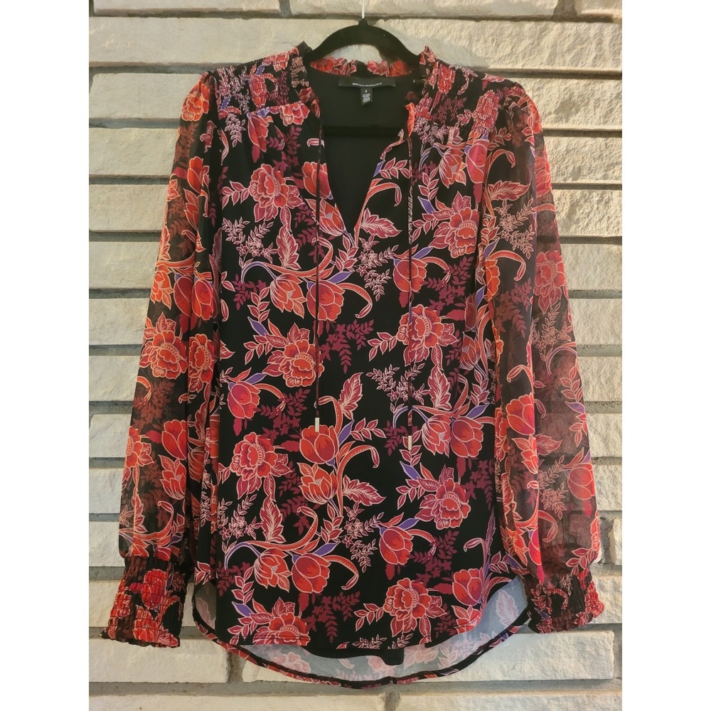 White House Black Market Blouse Women's Size S Black & Red Floral Long Sleeve
